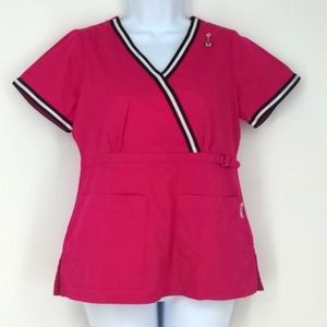 Koi Pink Stripe Wrap Butterfly Charm Scrub Top XS